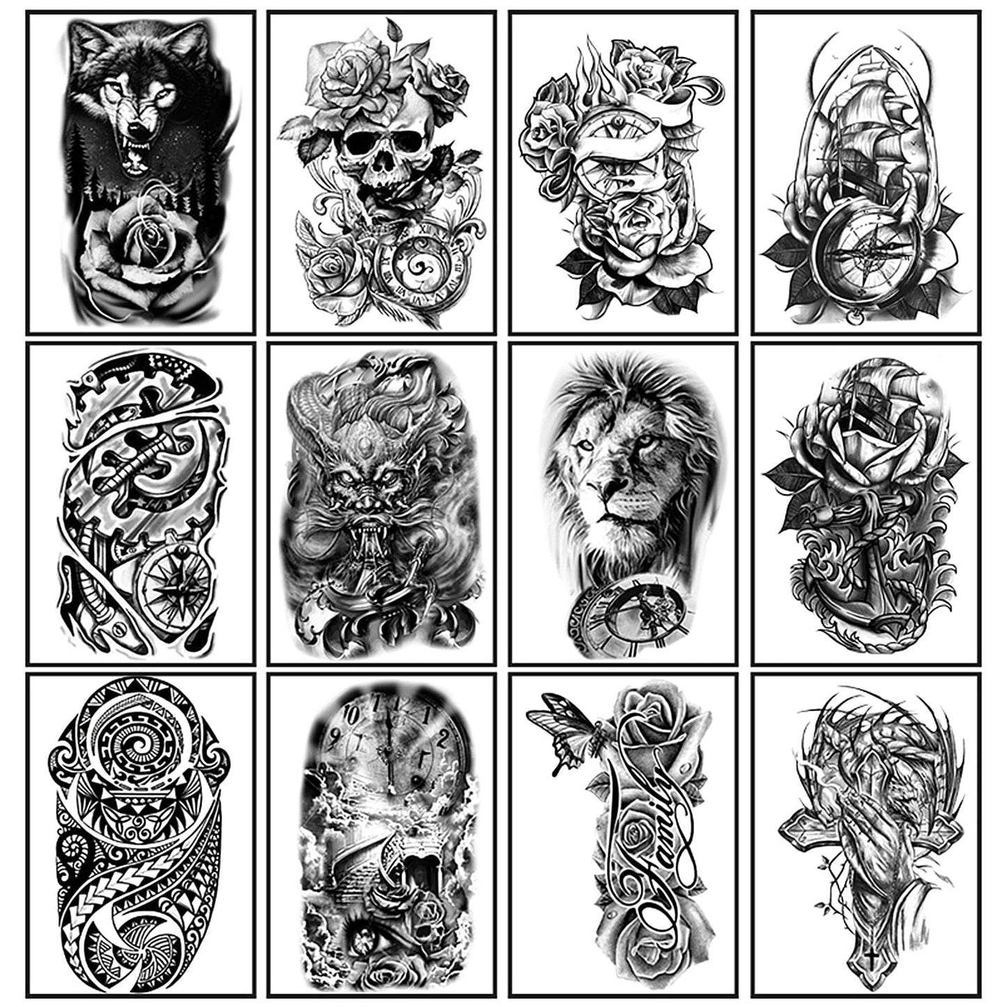 Yazhiji 36 Sheets Temporary Tattoos Stickers, 12 Sheets Fake Body Arm Chest Shoulder Tattoos for Men or Women with 24 Sheets Tiny Black Tattoos