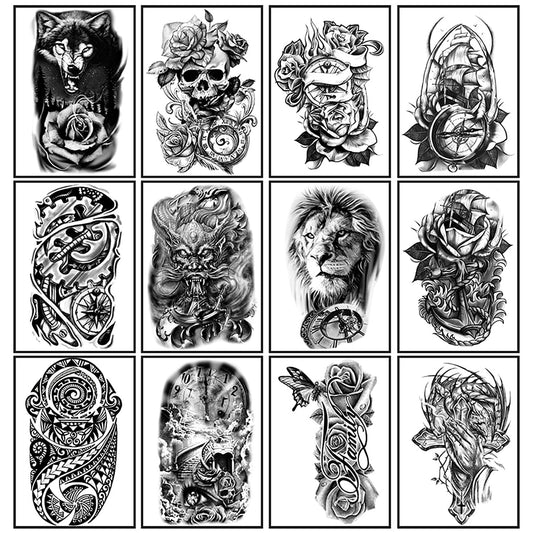 Yazhiji 36 Sheets Temporary Tattoos Stickers, 12 Sheets Fake Body Arm Chest Shoulder Tattoos for Men or Women with 24 Sheets Tiny Black Tattoos