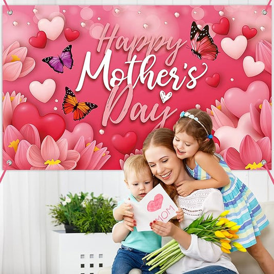 Large Happy Mother's Day Banner Decorations Mothers Day Flag Outdoor 71x44 Inch,Mom Gifts for Indoor Home House Decor Party Supplies,Yard Sign Background for Photography, Red Pink Heart Flowers
