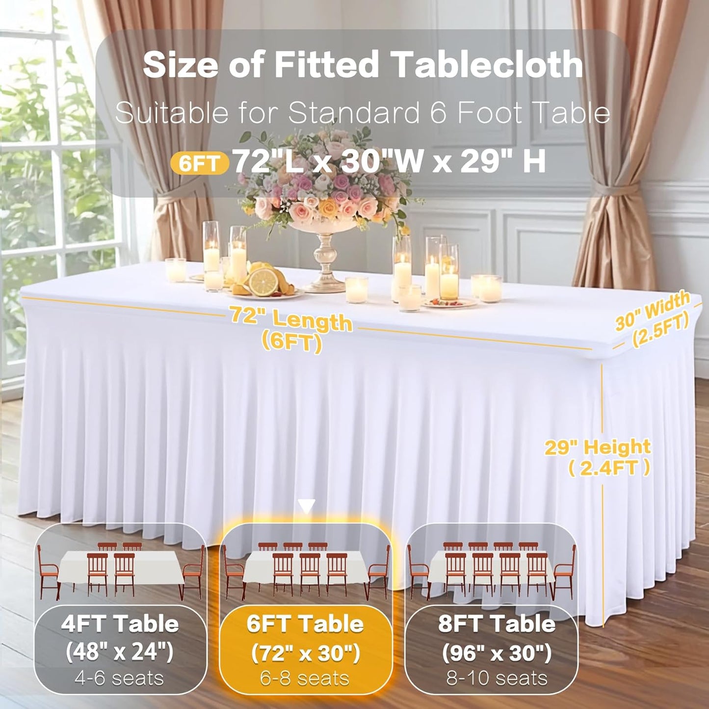 6 Packs White Spandex Tableclothes for 6 Foot Rectangle Table, Spandex Table Covers 6FT Stretch Table Skirts Rectangle Tables Wrinkle Free Fitted Tablecover for Event, Wedding, Banquet & Parties