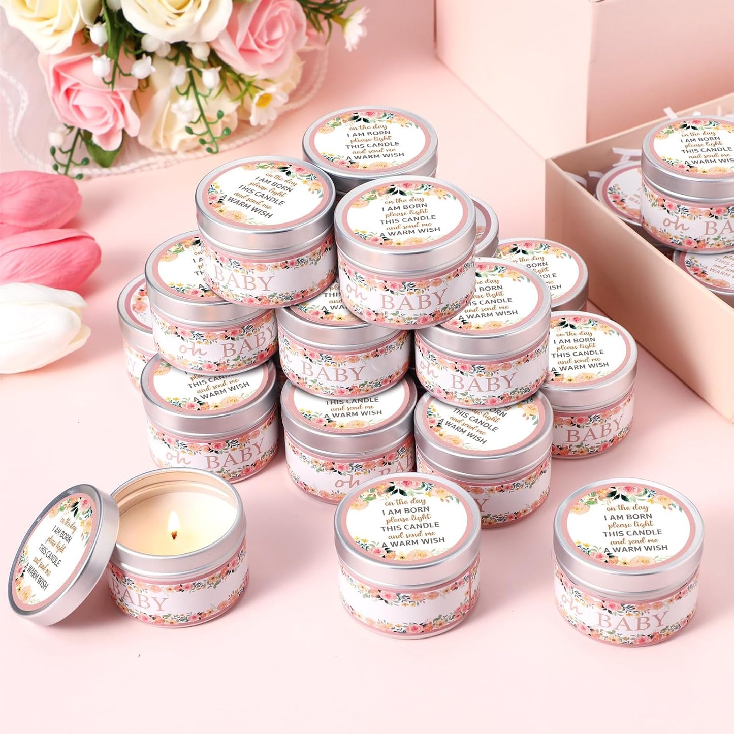 MTLEE 24 Pcs Flowers Baby Shower Party Favors Candles Lavender Scented Baby Shower Favors for Guests Rustic Tealights Candles Gender Reveal Return Gifts Girl Boy(1.2 Oz, Pink)