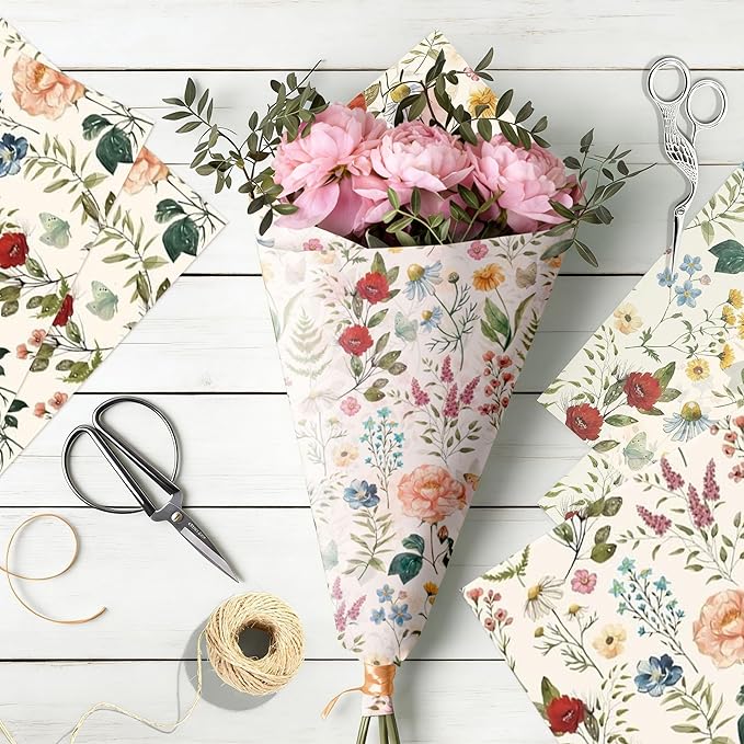 BACH AND BOUJEE 50 Sheets Vintage Wildflower Tissue Paper Floral Wrapping Paper Flower Printed DIY Craft Tissue Papers for Gift Bags Greenery Gift Wrap Packaging Bridal Shower Wedding Birthday
