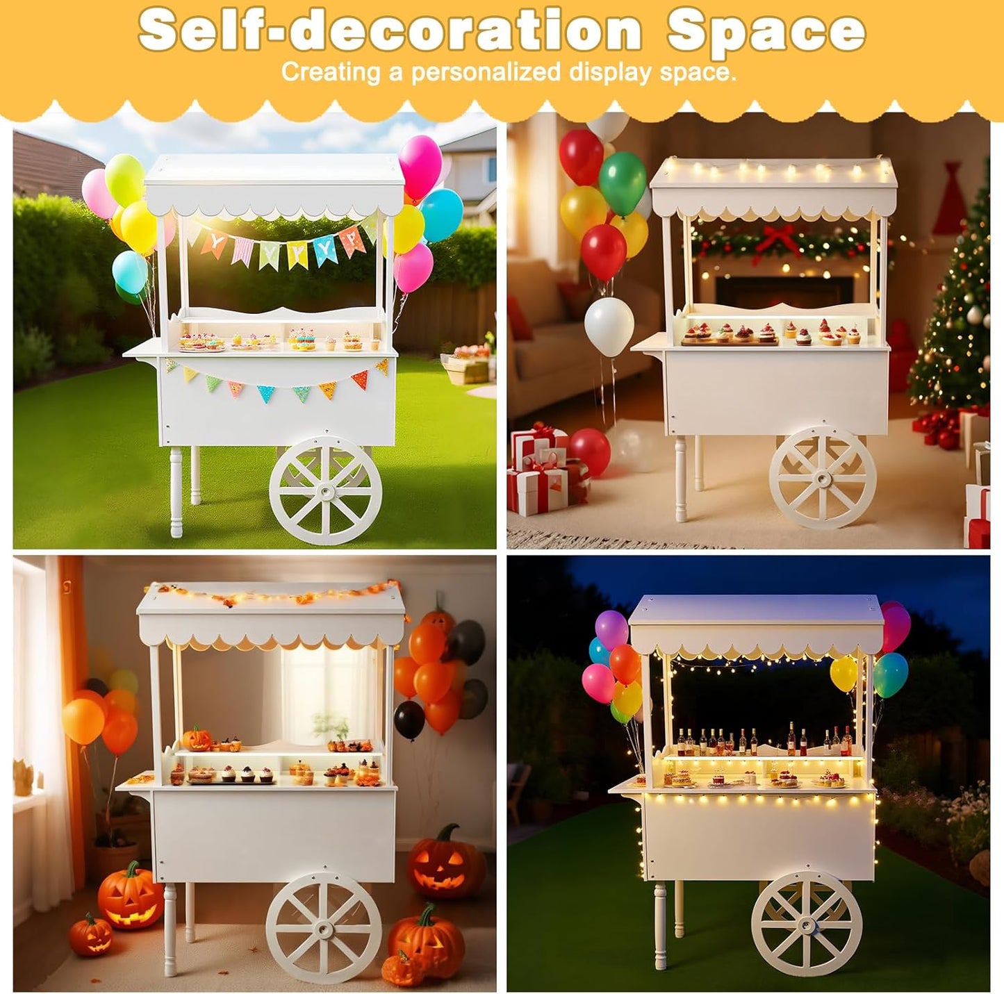 Candy Cart Display Stand for Party, Dessert Cake Cart Stand with Wheels, Vintage Dessert Display Stand Decoration Cart with 100 Balloons, String Light for Parties, Birthdays & Weddings (WHITE)