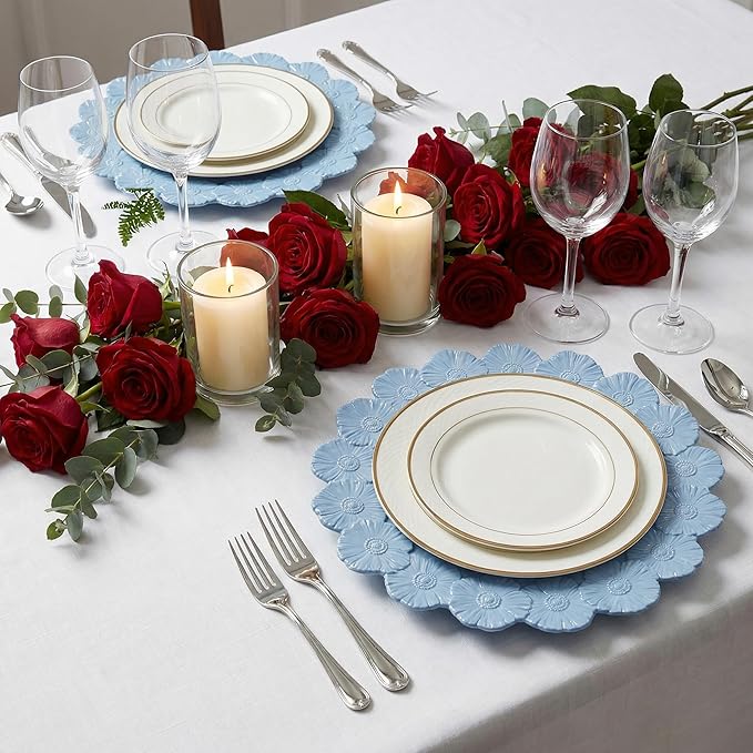 Blue Charger Plates with Flower Rim, 13" Round Charger for Dinner Plates, Set of 6 Plastic Plate Chargers for Wedding, Birthday.