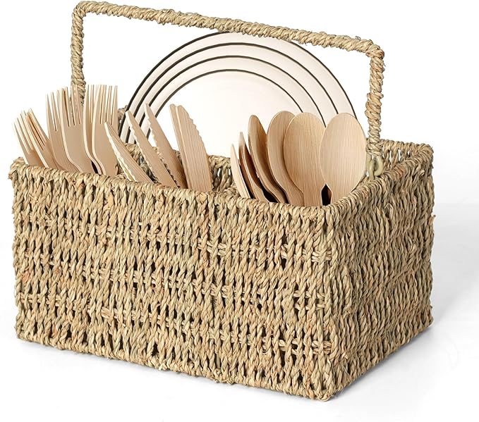 Wicker Flatware Organizer, Seagrass Cutlery Holder, Outdoor Silverware Caddy, Woven Divided Utensil Caddy with Handle, Utensil Holder for Forks, Knives, Spoons, Napkins (Natural Seagrass)
