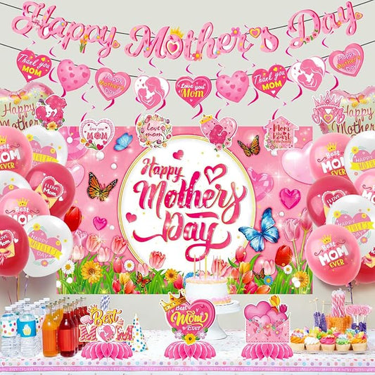 Mother's Day Decorations Includes Banner,Balloons,Backdrop,Hanging Swirls,Honeycomb,Balloon Ribbon for Mother's Day Party Decor Mothers Birthday Party Supplies