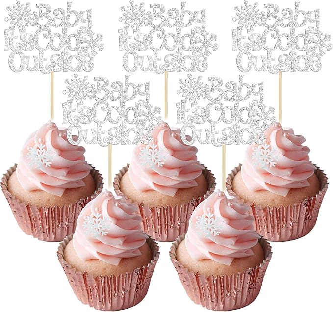 24Pcs Baby It's Cold Outside Snowflake Cupcake Toppers Glitter Winter Frozen Cupcake Picks for Winter Wonderland Baby Shower Birthday Party Cake Decorations Supplies Silver