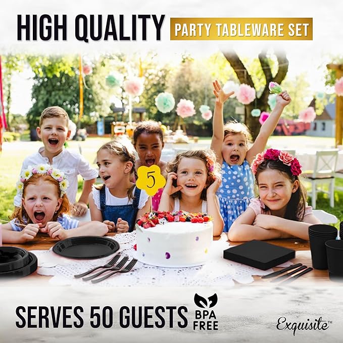350 Pcs Black Plastic Plates For Party, Black Disposable Plates Set, 50 Of Each 9" Dinner Plate Set, 7" Dessert Plate, Cups, Napkins & Cutlery Plastic Dinnerware Exquisite