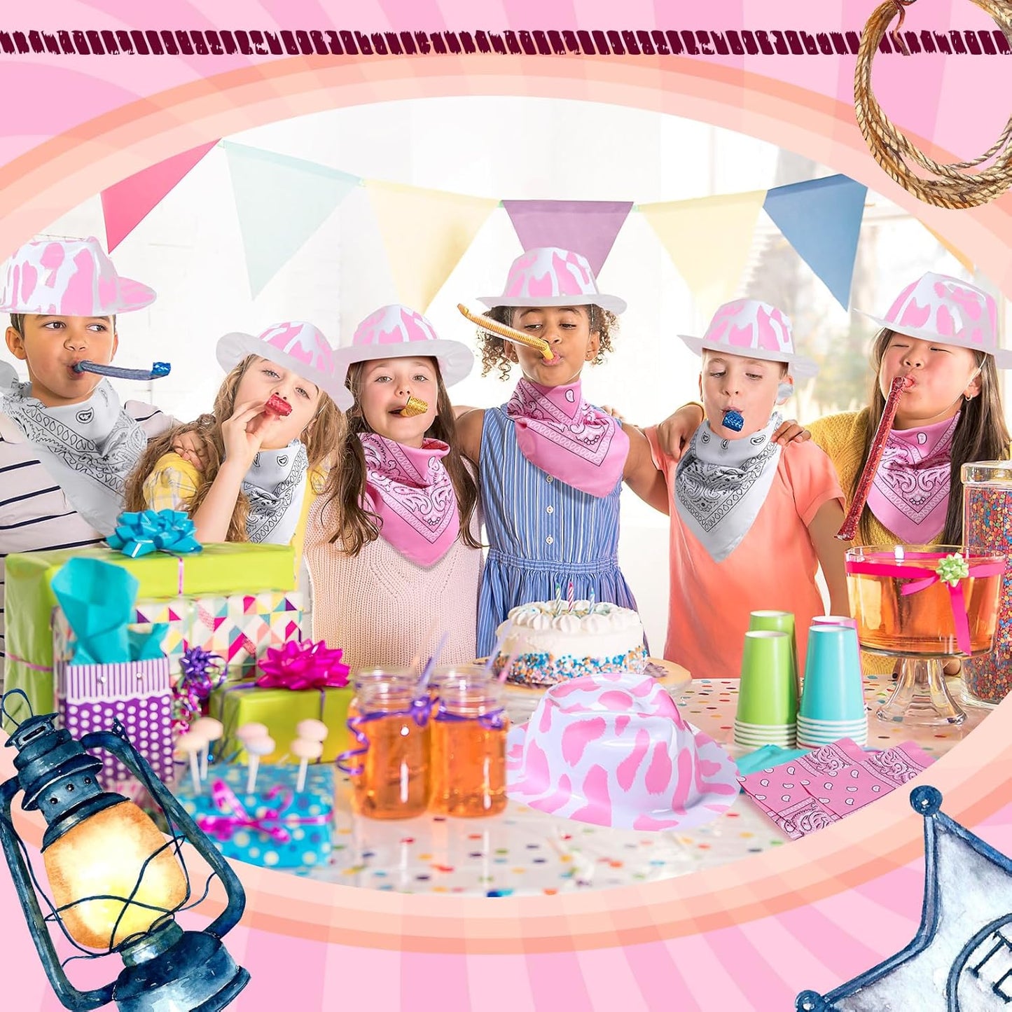 Haysandy 24 Pcs Cow Print Cowgirl Cowboy Hats Bulk with Bandana Felt Cow Party Hats for Women Men Western Costume Party(Pink)
