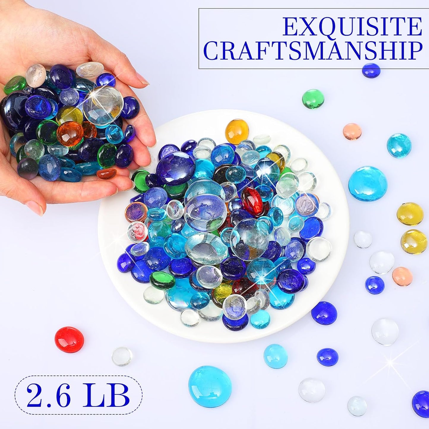 Honeydak 300 Pcs Flat Glass Marbles for Vases Glass Pebbles Floral Fish Tank Rocks for Vases Table Scatter Aquarium Decor (2.4LB) (Colorful)
