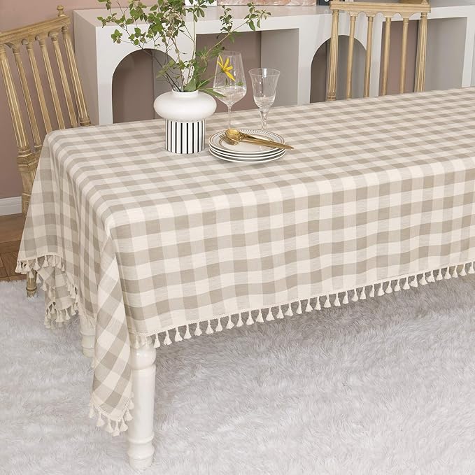 Farmhouse Checkered Square Tablecloth-Cotton Buffalo Plaid Tablecloth for Fall Winter Thanksgiving Christmas Kitchen Dining Restaurant Decor (55x55, Gray Khaki)