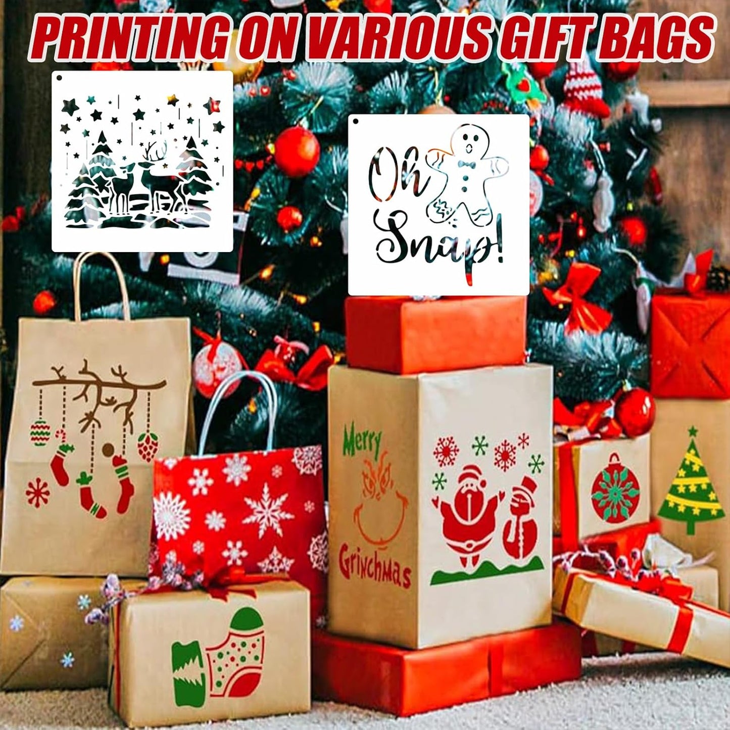 16 Pcs 5.1 x 5.1 Inch Christmas Stencils Set for Painting on Wood,Wall Door Home Decor, Reusable Adults & Kids Christmas Tree DIY Crafts Decorations Kit
