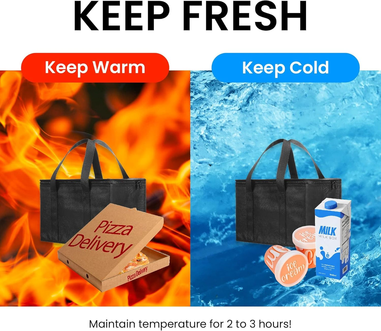 Small Insulated Cooler Bag and Food Warmer for Delivery & Grocery Shopping with Zippered Top, Black (1 Pack)