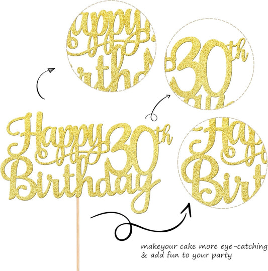 1 PCS Happy 30th Birthday Cake Topper Gold Glitter Cheers to 30 Years Birthday Cake Pick 30 Fabulous Cake Decoration for Happy 30th Birthday Anniversary Party Decorations Supplies