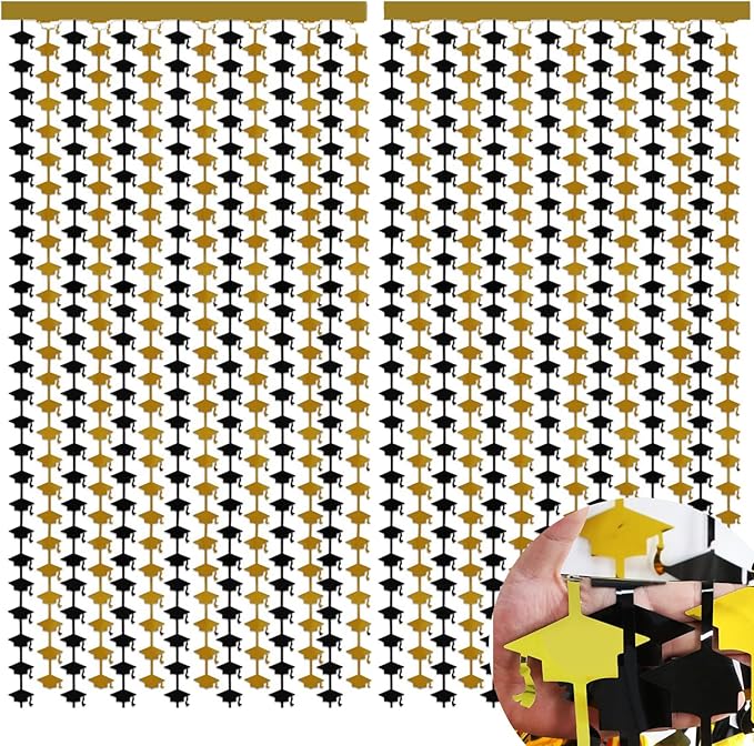 Graduation Party Decorations - 2 Packs Black and Gold Foil Fringe Streamers Curtains for College High School Graduate, Glitter Graduation Hats Backdrop Decorations(3.3x6.6 ft)