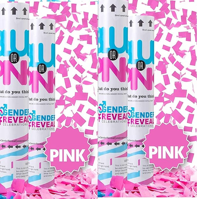 Gender Reveal Cannons - Girl Surprise! Set of 4 Biodegradable Confetti, 12 Inches Pink Confetti Cannon, Easy to Use Indoor & Outdoor Gender Reveal Cannon with Matching Stickers