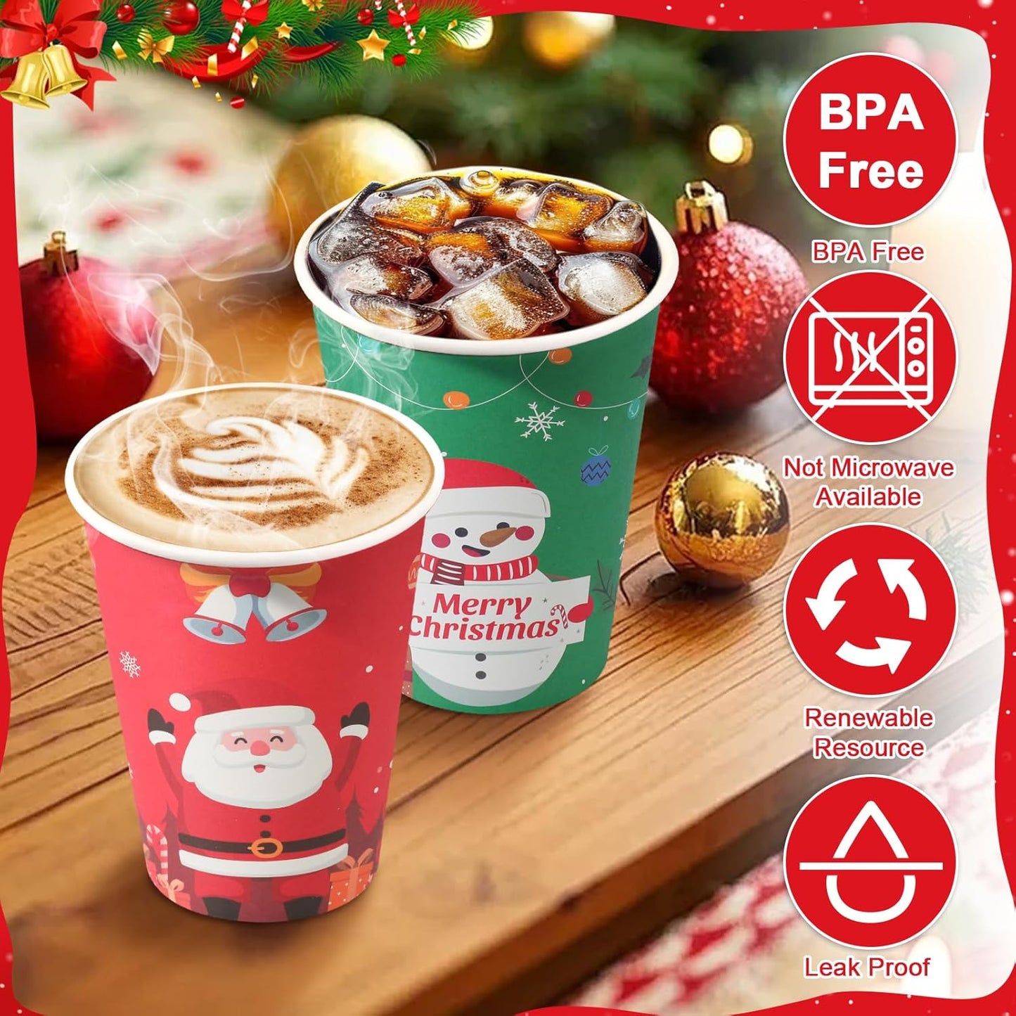 Lamosi Christmas 100 Pack 12 OZ Coffee Cups, Disposable Paper Cups for Hot/Cold Beverage, Leak-Free Paper Coffee Cups for Cafe, Restaurant, Office and Home
