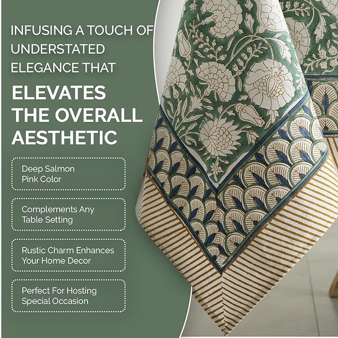 Labhanshi Indian Handblock Print Pre-Washed Cotton Floral Table Cloth|Reusable Rectangle 72x108 Inch 8-Seater Dining Tablecloth|Spring Easter St.Patrick Festive Decorative Table Cover|Moss Green