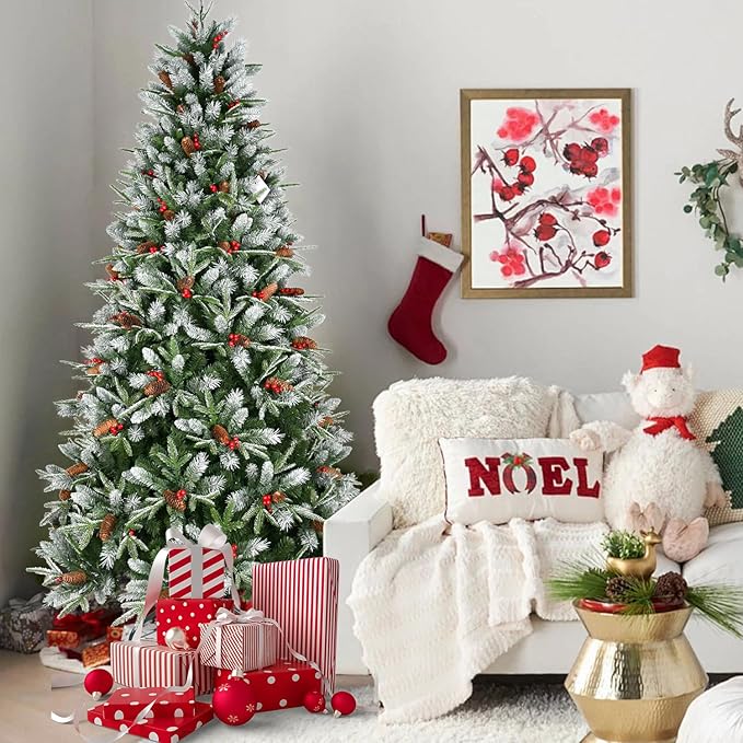 9FT Frosted Artificial Christmas Tree with 3750 PE+PVC Branch Tips, Realistic Unlit Christmas Tree with Red Berry and Pine Cone, Memory Wire Hinged Full Xmas Tree with Metal Base for Party, Holiday