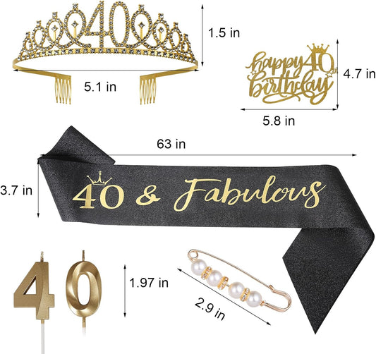 40th Birthday Decorations for Women，Gold 40 Birthday Crown Tiara ，Cake Topper, 40 & Fabulous Birthday Sash with Peal Pin and Birthday Candles Kit,40th Birthday Gifts for Women