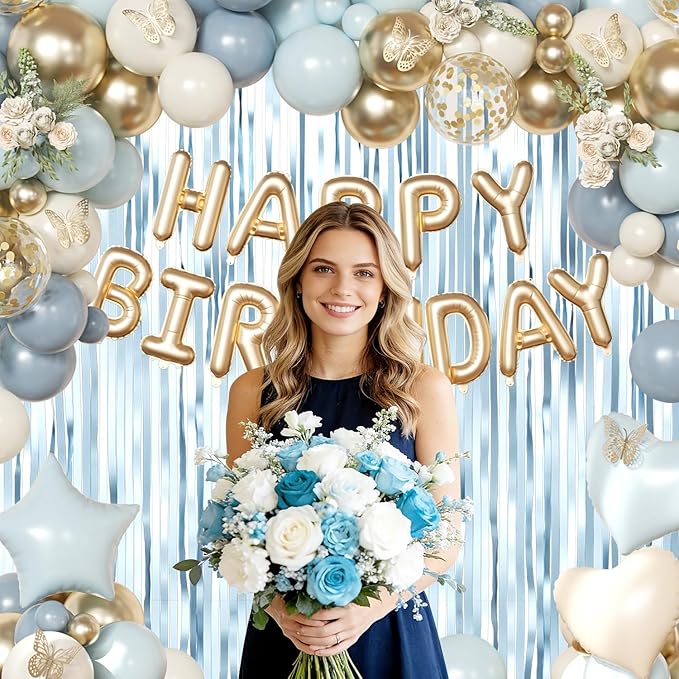 Blue Birthday Decorations, Dusty Light blue Sand White Gold Confetti Foil Balloons Happy Birthday Banner Gold Butterfly Fringe Curtains, Dusty Blue Birthday Decorations for Girls Women