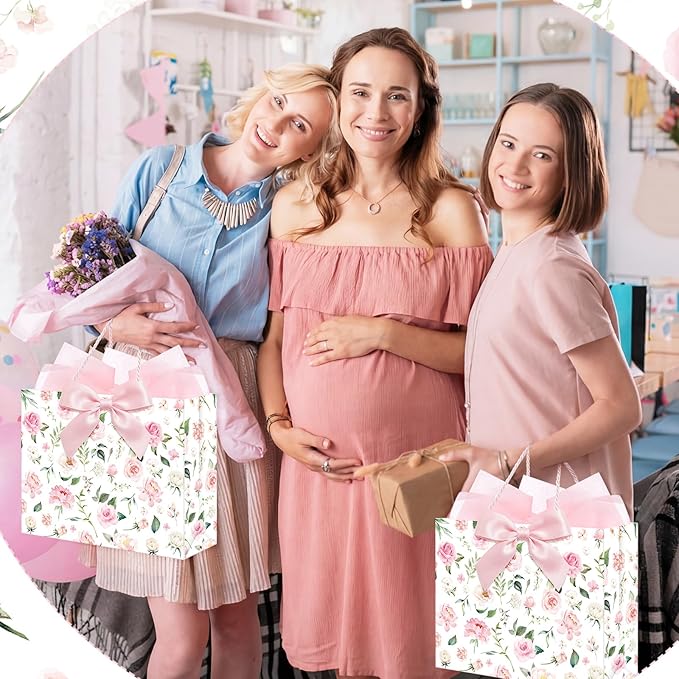 Maitys 12 Sets 13" Large Pink Floral Gift Bags Bulk with Handle, Tissue Papers, Ribbons and Greeting Cards Spring Floral Birthday Paper Bag for Women Wedding Easter Bridal Showers Party Favor Supplies