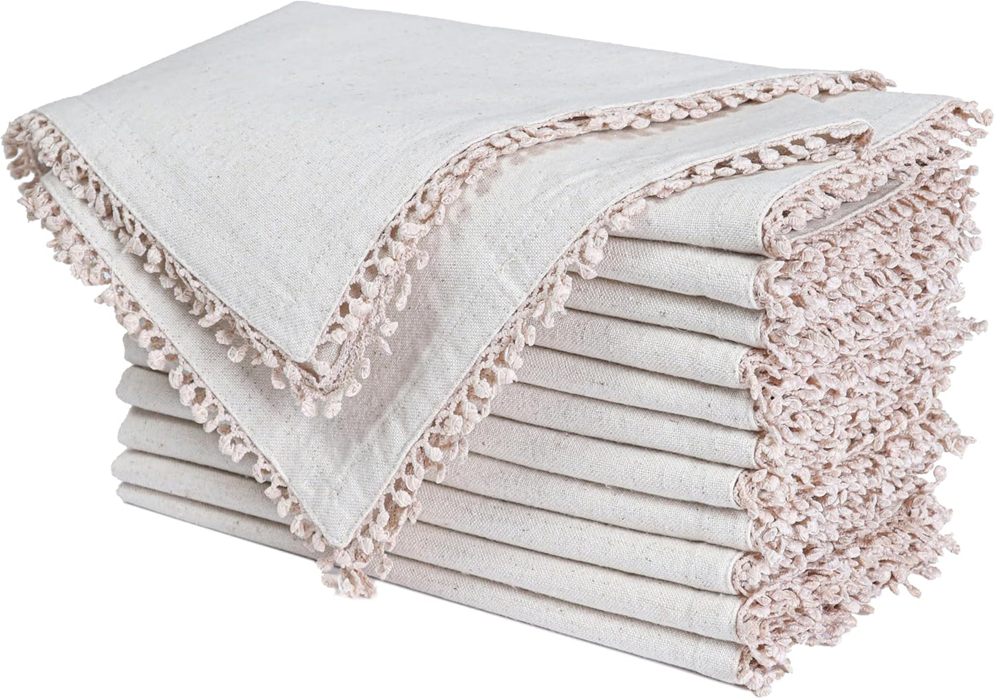Bedding Craft Linen Cloth Dinner Napkins Set of 12 – 18x18 Natural with Decorative Lace Selvedge – Elegant Machine Washable Napkins for Weddings, Baby Showers, Parties & Dining
