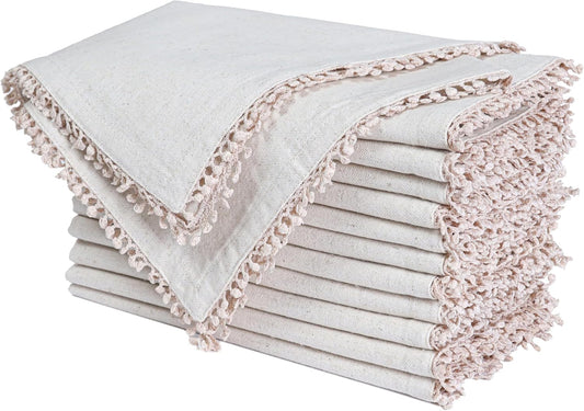 Bedding Craft Linen Cloth Dinner Napkins Set of 12 – 18x18 Natural with Decorative Lace Selvedge – Elegant Machine Washable Napkins for Weddings, Baby Showers, Parties & Dining