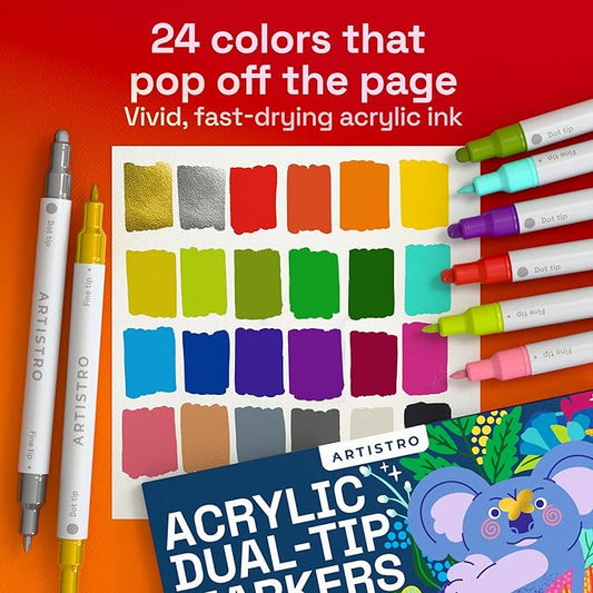 ARTISTRO 24 Acrylic Paint Markers for Rock, Fabric, Wood, Glass, Decoration - Dual-Tip Paint Pens for Coloring Books for Adults, Teens, Kids - Art and Craft Supplies Kit - Gift Idea