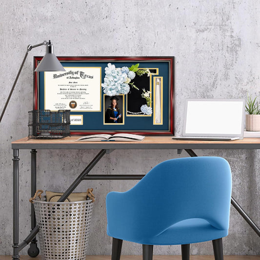 GraduationMall Class of 2025 Graduation Frame for 8.5x11 Diploma & 4x6 Photo with Graduation Cap & Tassel Holder, Cherry Wood Display Case with Navy Gold Mat