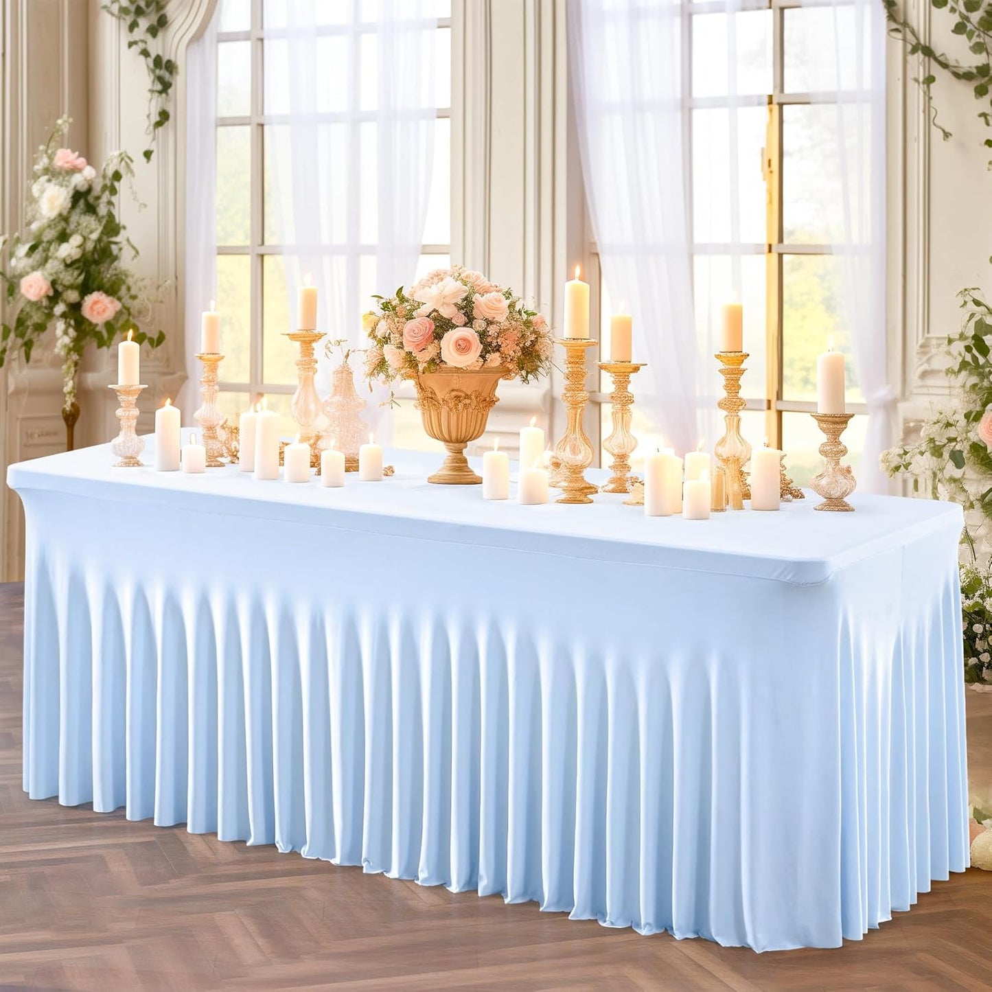 Baby Blue Spandex Table Covers 8ft, 6 Packs Fitted Table Covers for 6 Foot Tables Stretch Spandex Table Skirts Rectangle Tables for Event, Wedding, Banquet & Parties
