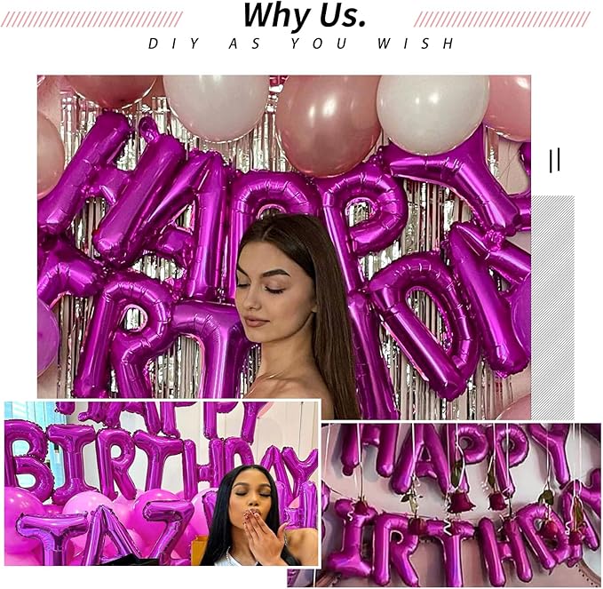 [52 PCS] 16" Foil Hot Pink Letter Balloons 2 Sets of A-Z, Mylar Aluminum Hanging Alphabet for Romance Valentine's day Graduation New Year eve Birthday Party Decorations