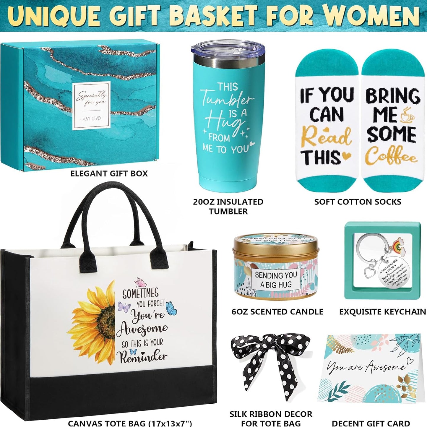 Birthday Gifts for Women Friendship, Self Care Gifts for Women Inspirational Get Well Gift Basket Care Package Thinking of You Christmas Gift for Mom Her Friend Sister Wife Coworker w/ Canvas Tote Bag