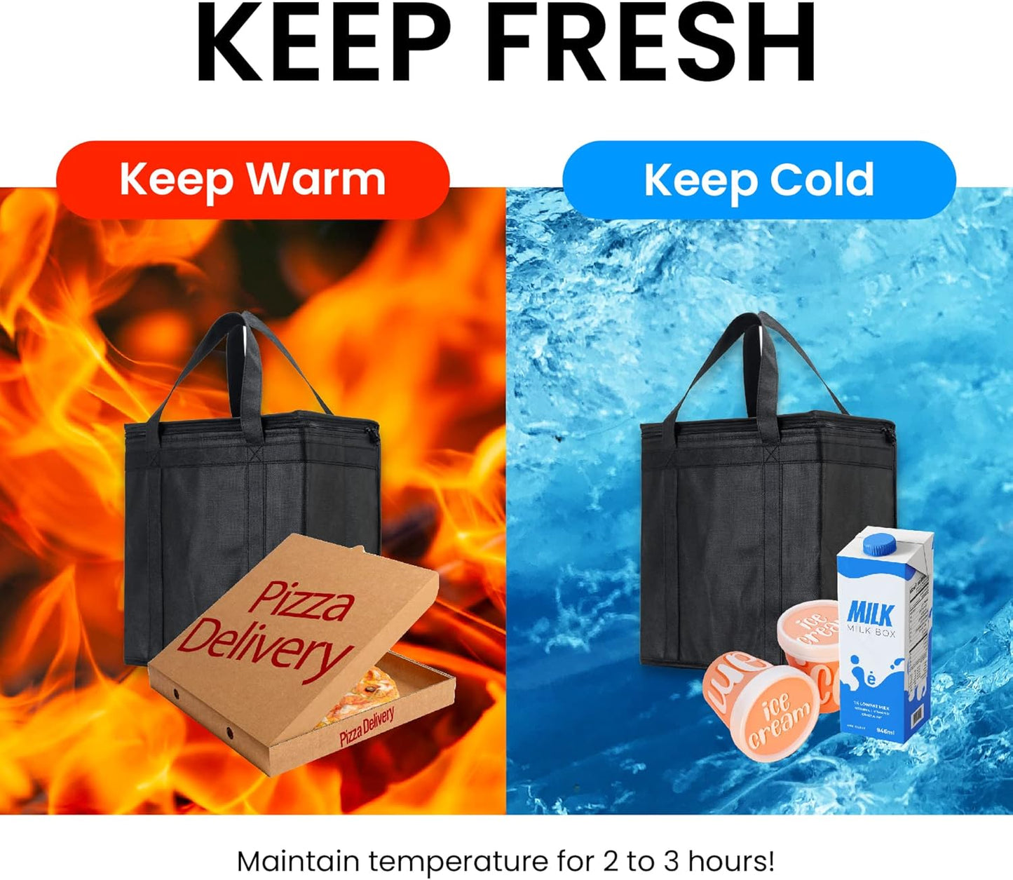 Medium Insulated Cooler Bag and Food Warmer for Delivery & Grocery Shopping with Zippered Top, Black (1 Pack)