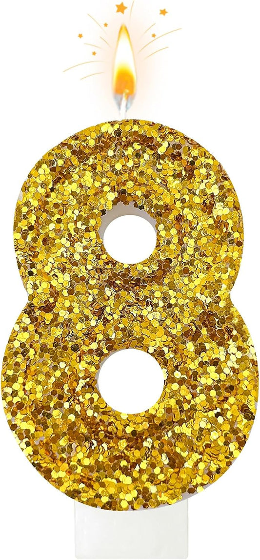 Birthday Number Candles, Glitter Number Candle Cake Decorations with Sequins, Cupcake Decorations for Girls, Women, Party Anniversary Celebrations (Number 8, Golden)