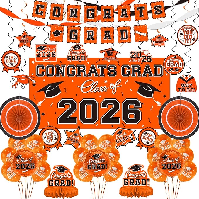 Orange Themed 2026 Graduation Decorations Set - Congrats Grad Banner, Class of 2026 Backdrop, Balloons & Streamers Kit - Complete Party Supplies for High School & College Celebrations