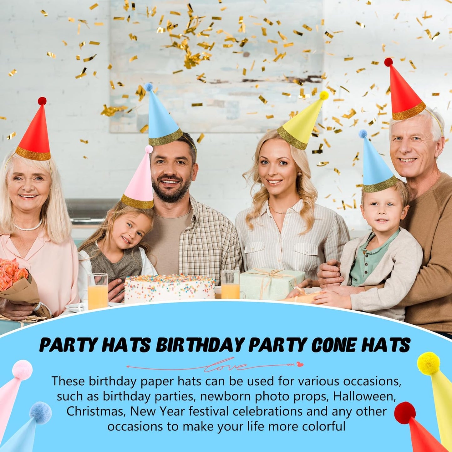48 Pcs Birthday Party Hats Paper Colorful Cone Party Hats with Pom Poms and Glitter Trim for Kids Adults Birthday Holiday Party Family Gathering Favor Supplies