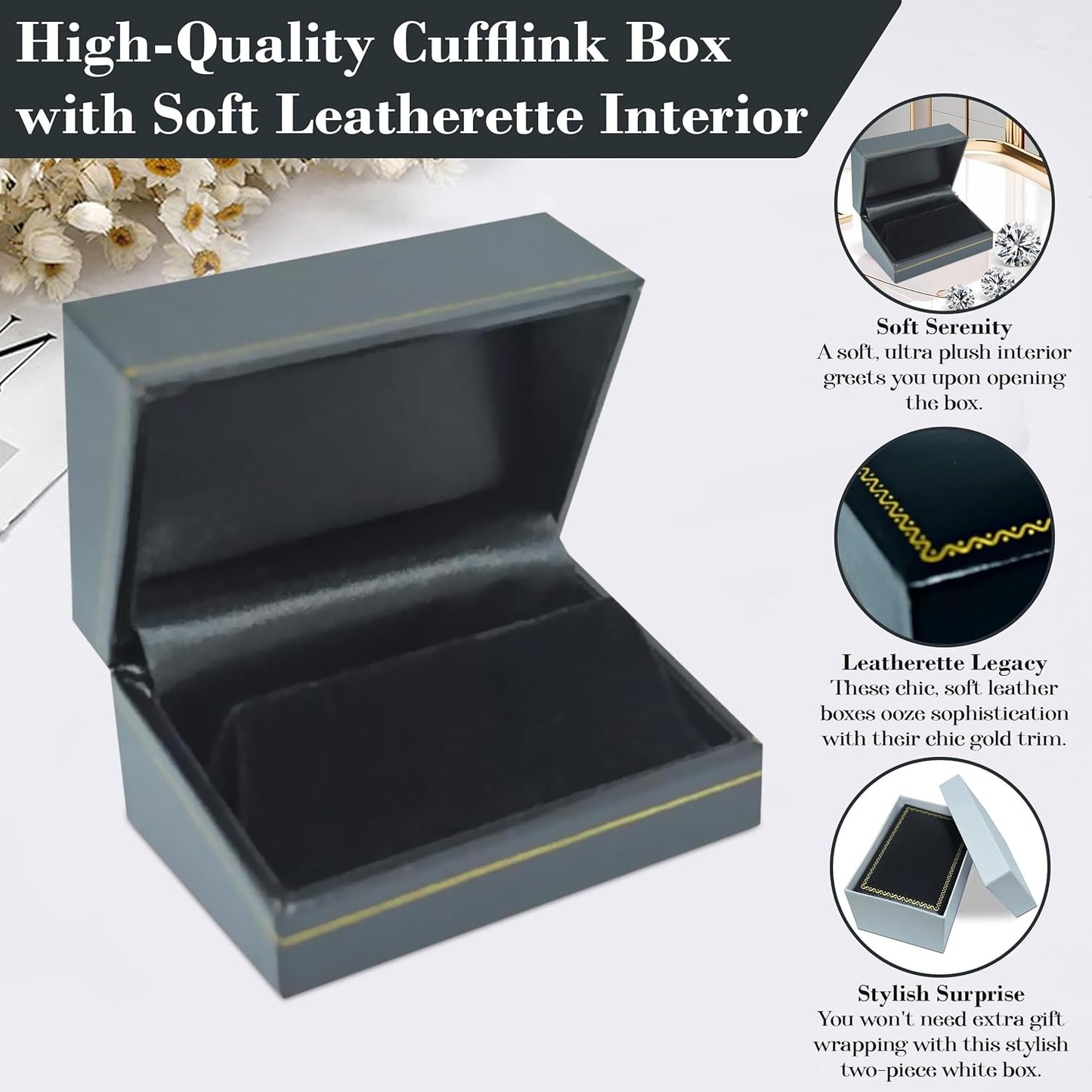 Novel Box Black Jewelry Box for Cufflinks 2.87x2x1.5 Inches - Stylish Cufflink Gift Boxes with Gold Trim - Faux Leatherette Cufflinks Storage Case - Gift Presentation Cases for Cufflinks Only