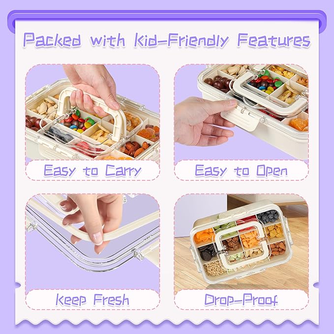 Snack Box Container for Kids - Adjustable 12-Compartment Snack Containers, Reusable Bento Box, Dishwasher Safe, BPA-Free, Perfect for School, Travel, Camping & Picnic, Ivory White