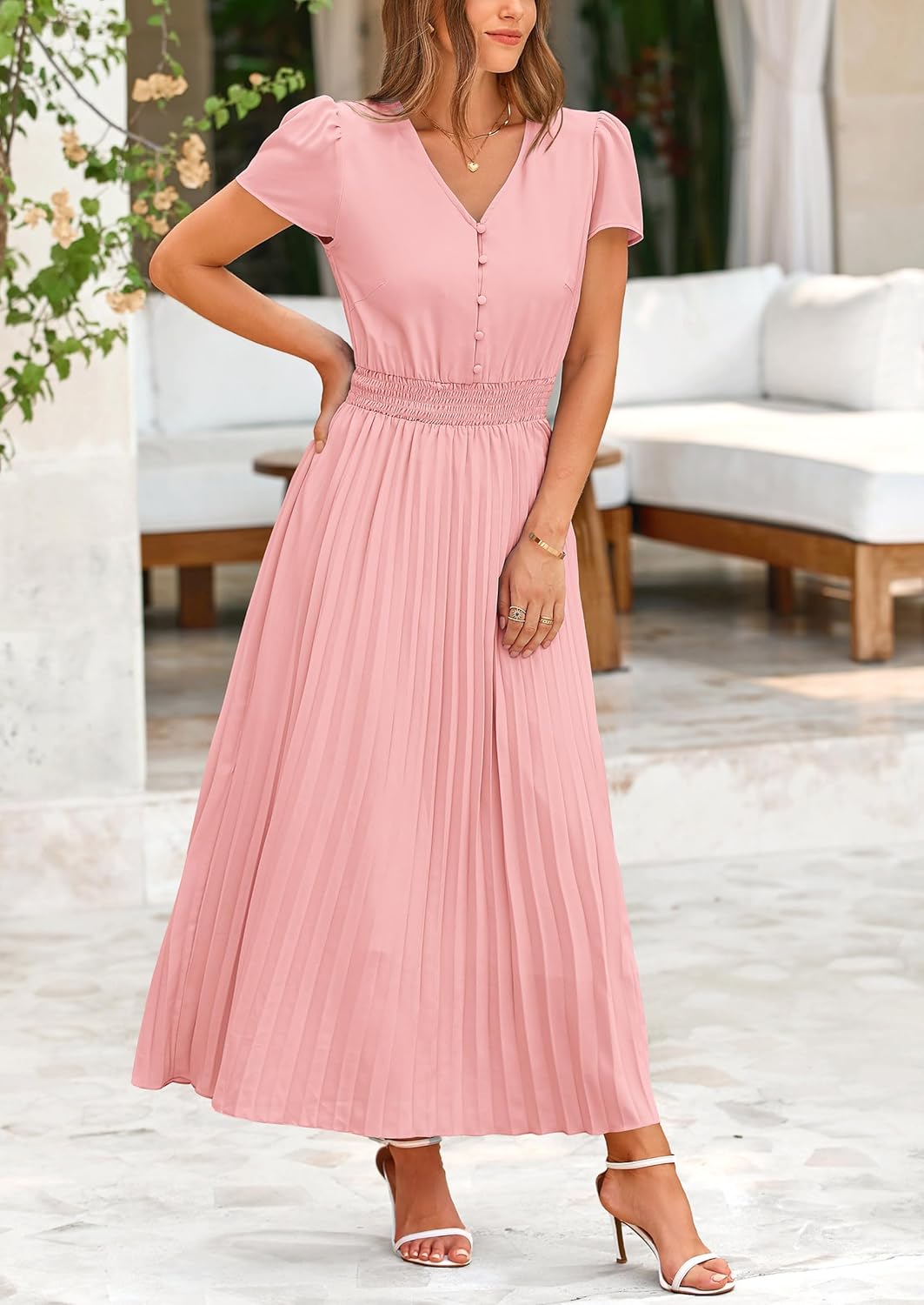 PRETTYGARDEN Women's Maxi Dresses 2025 Summer Trendy Cap Short Sleeve Button V Neck Casual Flowy Pleated Long Dress