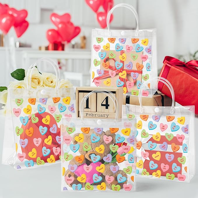 H1vojoxo Valentine's Day Gift Bags - 24PCS Wedding Conversation Heart Clear Bags 7.9x3.2x7.9 Inch Valentine Clear PVC Tote Bag with Handle Reusable PVC Gift Wrap Bag for Valentine Party Favor