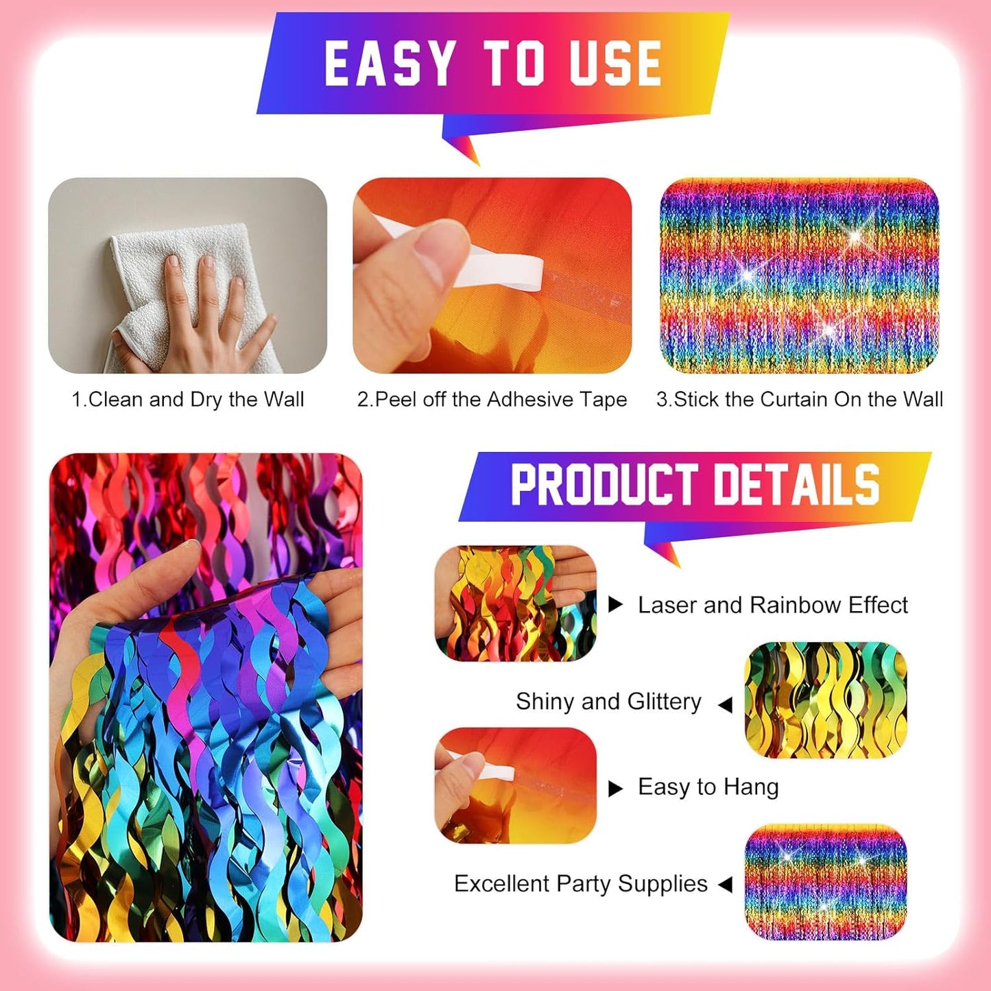2 Pack Colorful Wavy Foil Fringe Curtain Backdrop, 3.3 X 6.6 Ft Rainbow Wavy Fringe Curtains, Colorful Streamer Shiny Metallic Tinsel Iridescent Streamers for Birthday Party Streamers Photo Booth