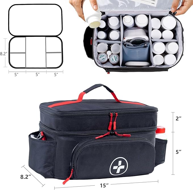 BAGSFY Travel Medicine Bag Organizer with Mini Medication Bag, Double Layers First Aid Kit Empty, Lockable Pill Bottle Organizer for Home, Large Medication Storage, Travel Emergency Carrying Case.