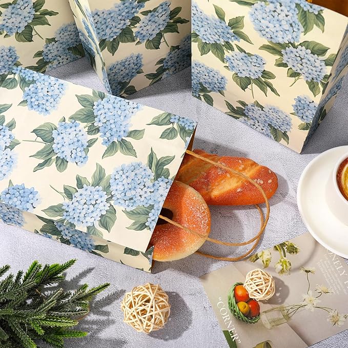 JarThenaAMCS 24Pcs Hydrangea Kraft Paper Bags Blue Floral Treat Gift Bags with Handles Flower Candy Goodie Bag for Spring Birthday Wedding Baby Shower Party Supplies