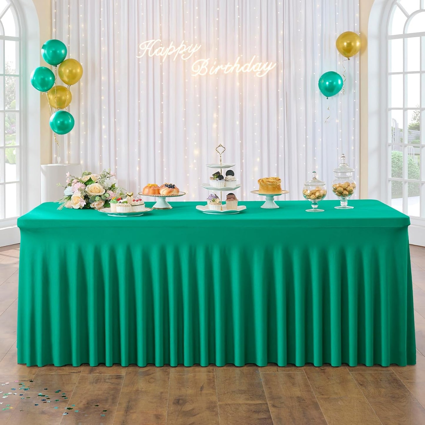 4 Pack Emerald Green Spandex Tablecloths for 6 Foot Rectangle Tables, Wrinkle Free Fitted Tablecover 6ft Green Stretchy Table Clothes with Skirt for Weddings Birthday Party Banquet Baby Shower
