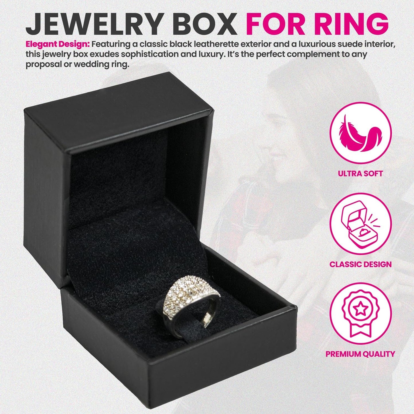 Novel Box Black Jewelry Box for Rings 2.37x2.37x1.87 Inches - Tab Ring Gift Box for Proposal Wedding Engagement - Faux Leatherette Jewelry Display Box - Gift Presentation Boxes for Rings