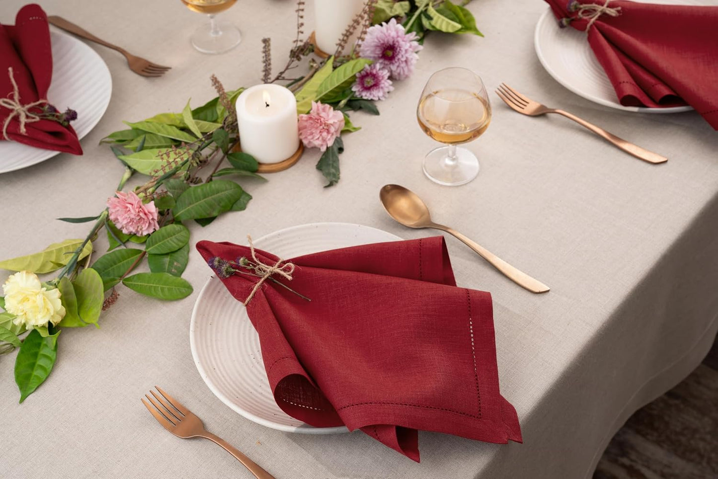 D'Moksha Homes Red Linen Napkins Set of 4 - Classic Hemstitch 100% Pure Linen Hemstitch Dinner Napkins 20 x 20 Inch for Fall, Autumn and Halloween - Handcrafted and Machine Washable