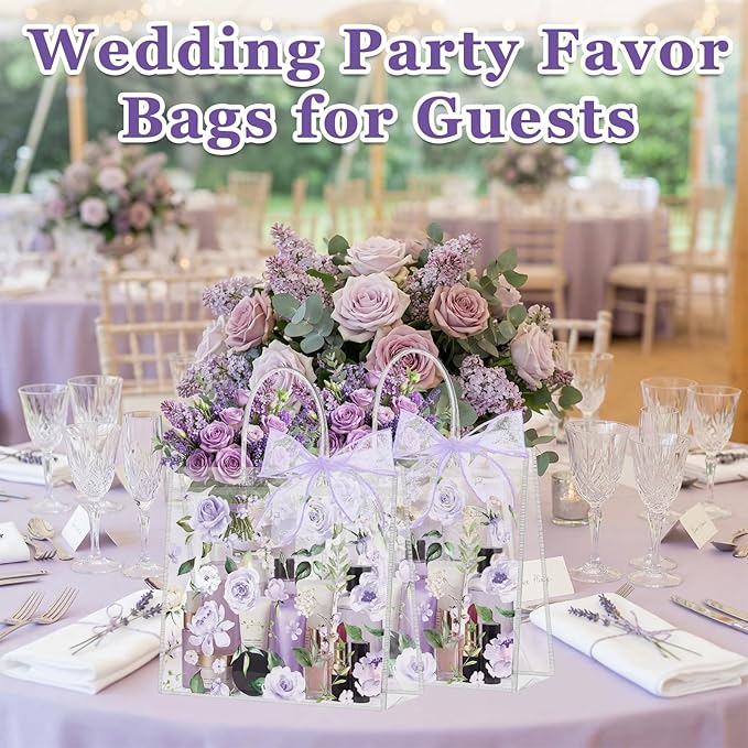 Wesnoy 24 Pcs Clear Floral Gift Bags with Handles Rose Purple Flower PVC Treat Tote Bag for Tea Birthday Party Wedding Bridal Shower Bachelorette Anniversary Engagement Guests, 7.8 x 7.8 x 3.2 Inch