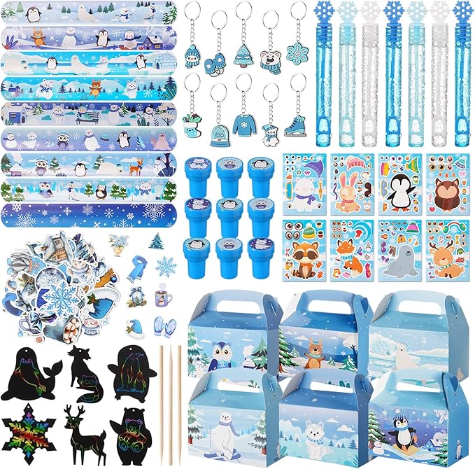 Vanblue 134Pcs Winter Wonderland Party Favors Winter Polar Animal Party Decoration Christmas Holiday Exchange Gifts Boxes Classroom Rewards Prizes Goodie Bag Stuffers Supplies