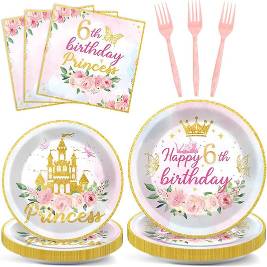 96PCS Princess 6th Birthday Party Plates and Napkins and Forks Set for Princess Party Pastel Castle Dessert Plates Disposable Decor Pink Gold Tableware Set for 6th Theme Party Favors Decorations